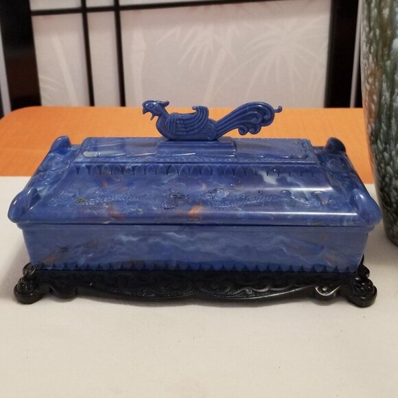 Art Deco Celluloid Blue Marbled Dressing Table Box - Phoenix & Dragon Detailing - Picture 1 of 5